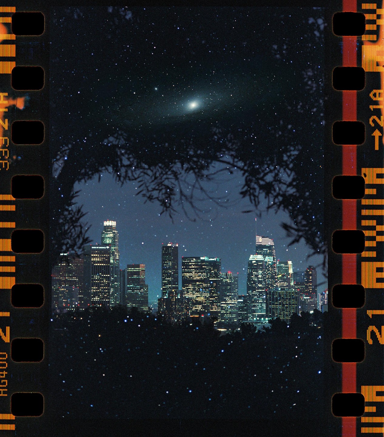 A double exposure shows the Andromeda galaxy above the Los Angeles skyline at night, framed by tree branches.