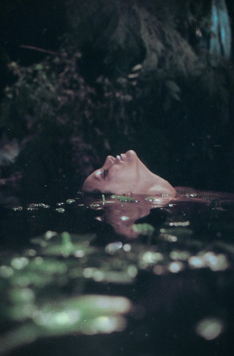 A woman's face is visible above the surface of dark water, surrounded by foliage.