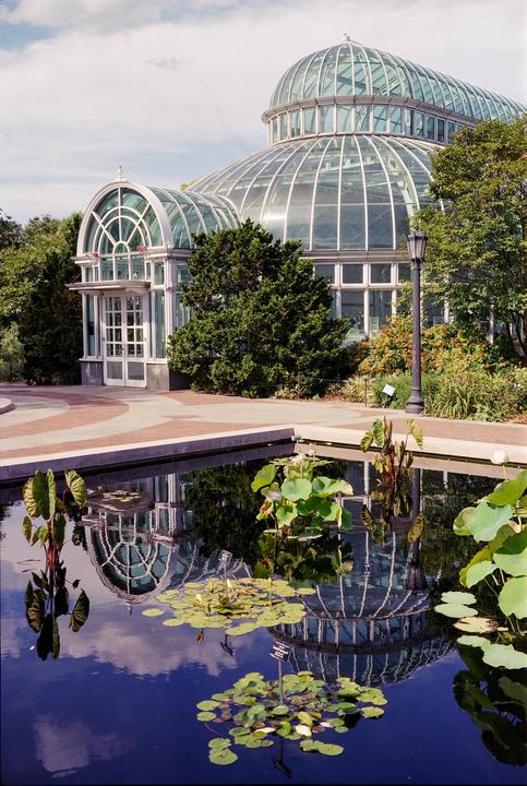 A glass conservatory is reflected in a pond with lily pads and other aquatic plants.