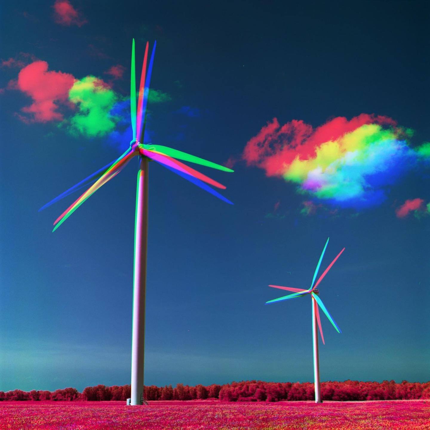 Two wind turbines stand in a field with colorful clouds in the sky.