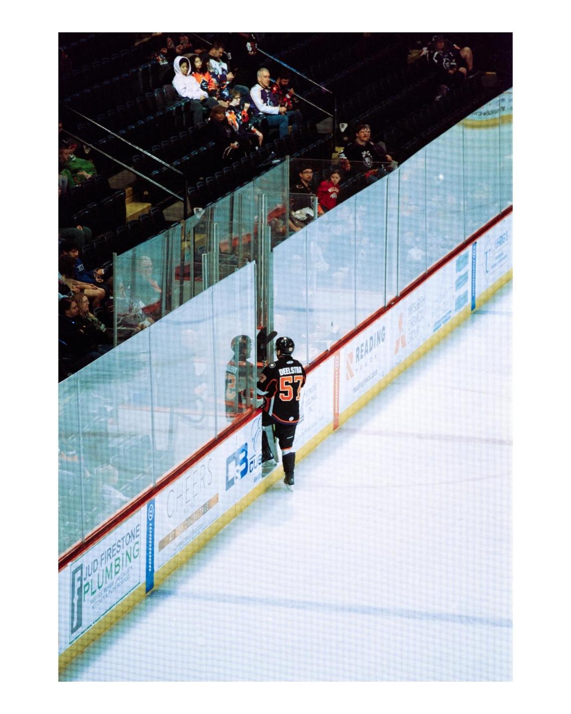 A hockey player stands on the ice next to the rink wall, with spectators visible in the stands above.