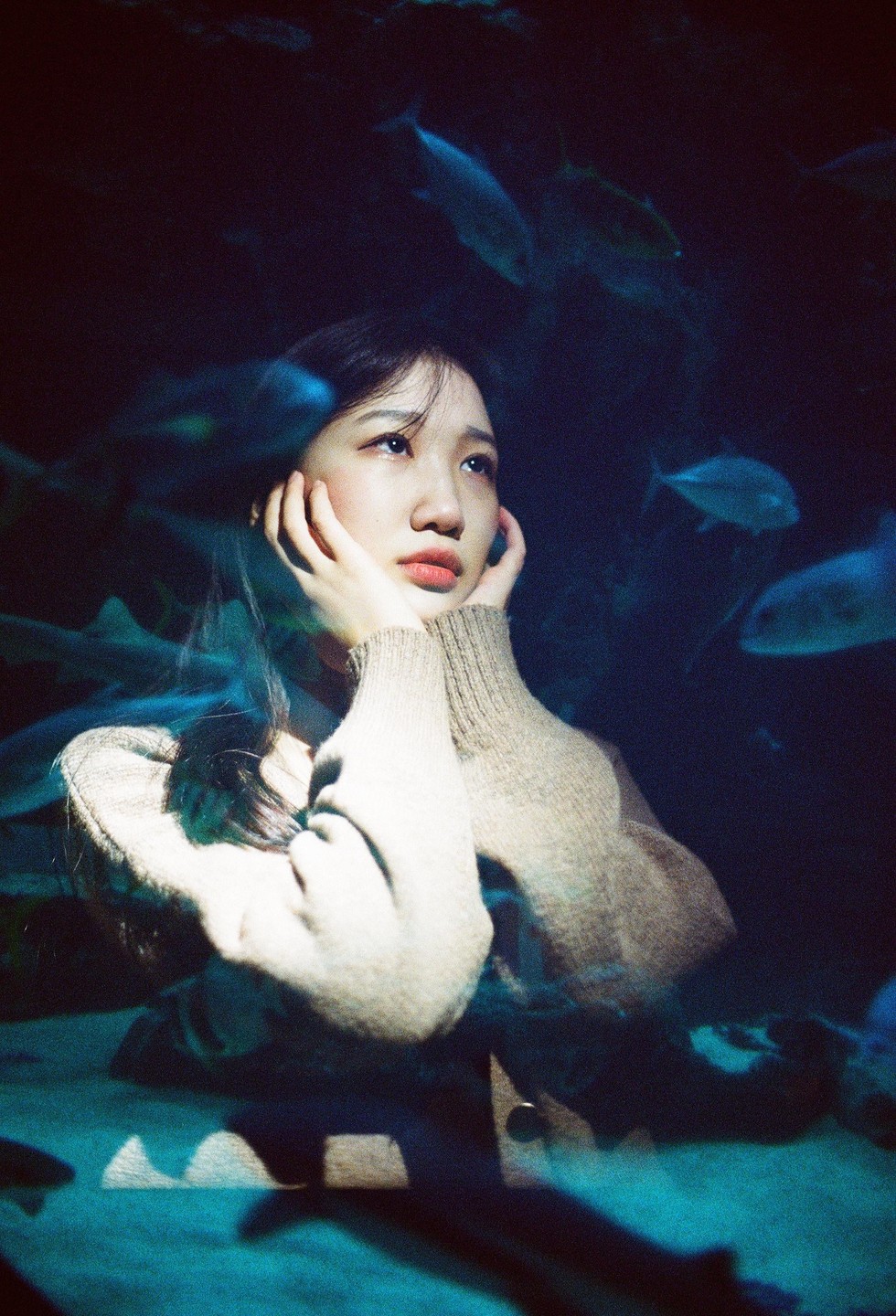 A woman with her hands on her face looks up at fish swimming in an aquarium.