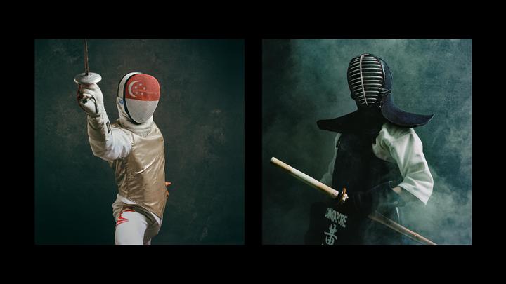 A diptych shows a fencer in a white uniform and a kendoka in a dark uniform, both wearing protective headgear.