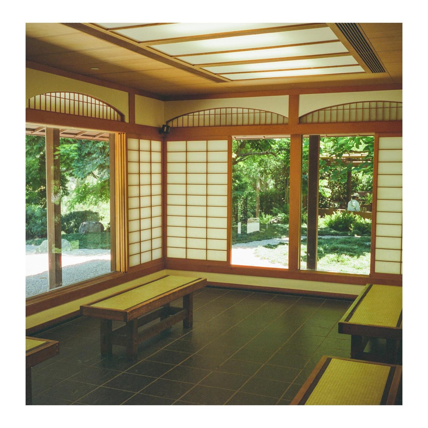 A room with traditional Japanese architecture features large windows looking out onto a lush garden.