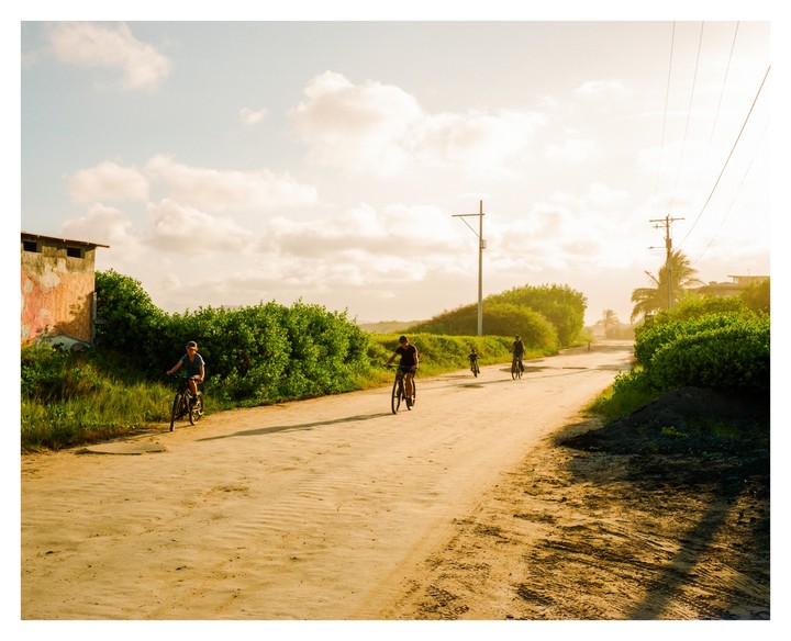 Four people ride bicycles on a dirt road lined with green bushes under a bright sky.