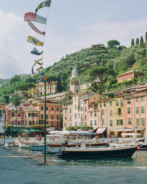 A harbor with boats is surrounded by colorful buildings and a lush green hillside.