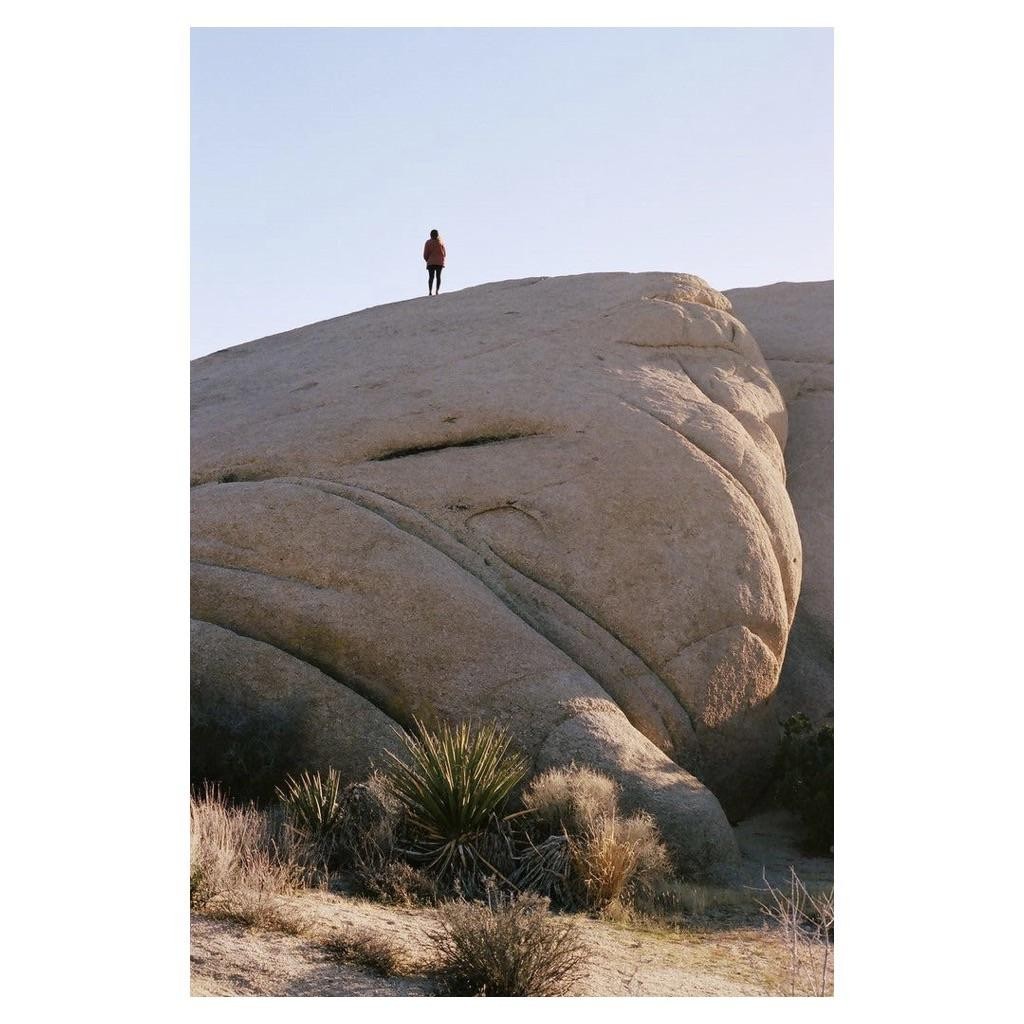 A person stands atop a large, smooth rock formation in a desert landscape with sparse vegetation.