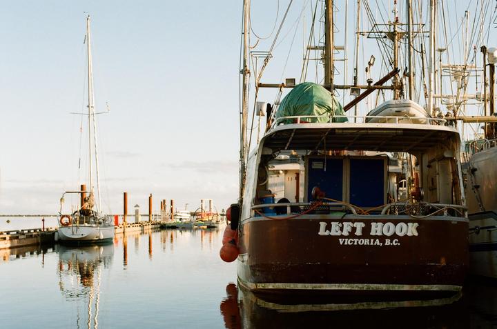 A fishing boat named "Left Hook" is docked in a harbor next to a sailboat and other vessels.
