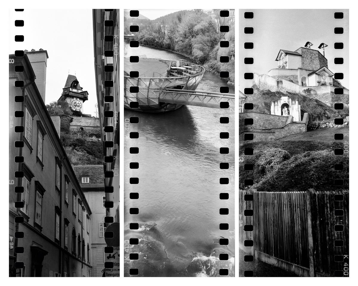 Three vertical panels show a clock tower above buildings, a river with a modern structure, and a hillside with houses and a fence.