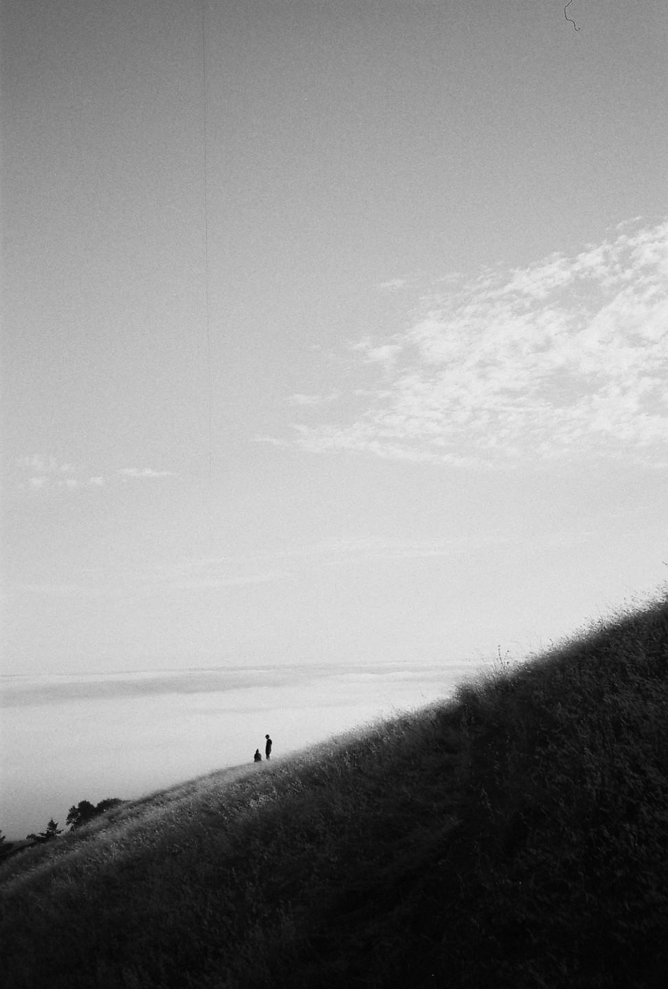 Two people stand on a grassy hillside overlooking a fog-filled valley under a cloudy sky.