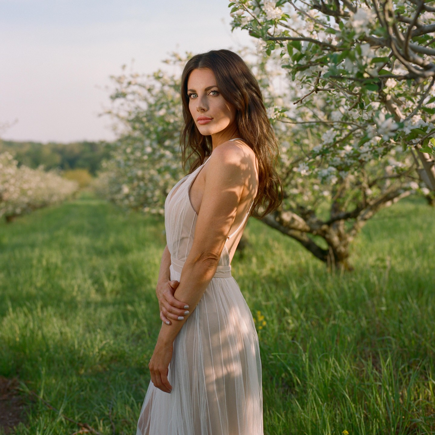 A woman in a light dress stands in a blooming orchard with green grass and trees with white flowers.