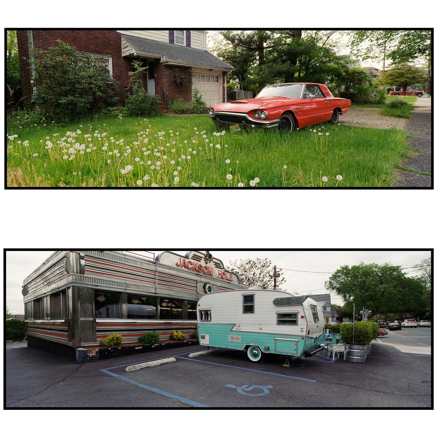 A red car is parked in a grassy yard with dandelions in front of a brick house, and a diner with a trailer is in a parking lot.