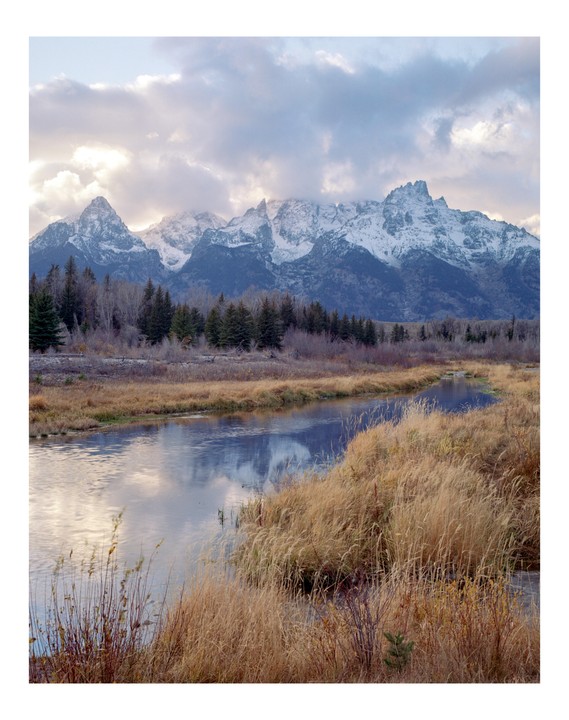A river winds through a field of tall grass with snow-capped mountains and a cloudy sky in the background.