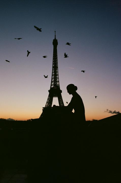 A woman sits silhouetted against the sky with the Eiffel Tower and birds in the background at dusk.