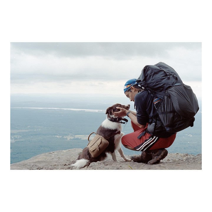 A man with a large backpack crouches to pet a dog wearing a pack on a mountain summit overlooking a valley.