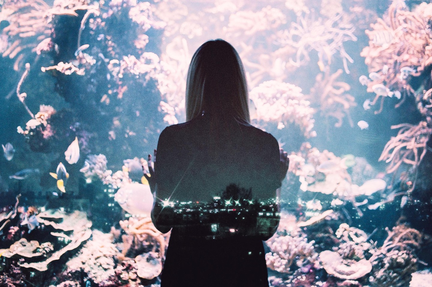 A woman stands with her back to the viewer, looking at an aquarium filled with coral and fish, with a cityscape at night double exposed over her silhouette.