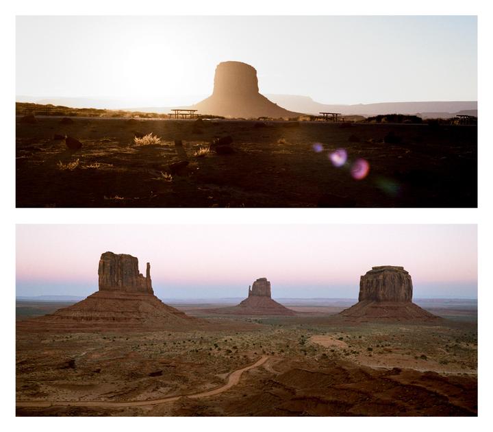 Two landscape photographs show rock formations in Monument Valley at different times of day.