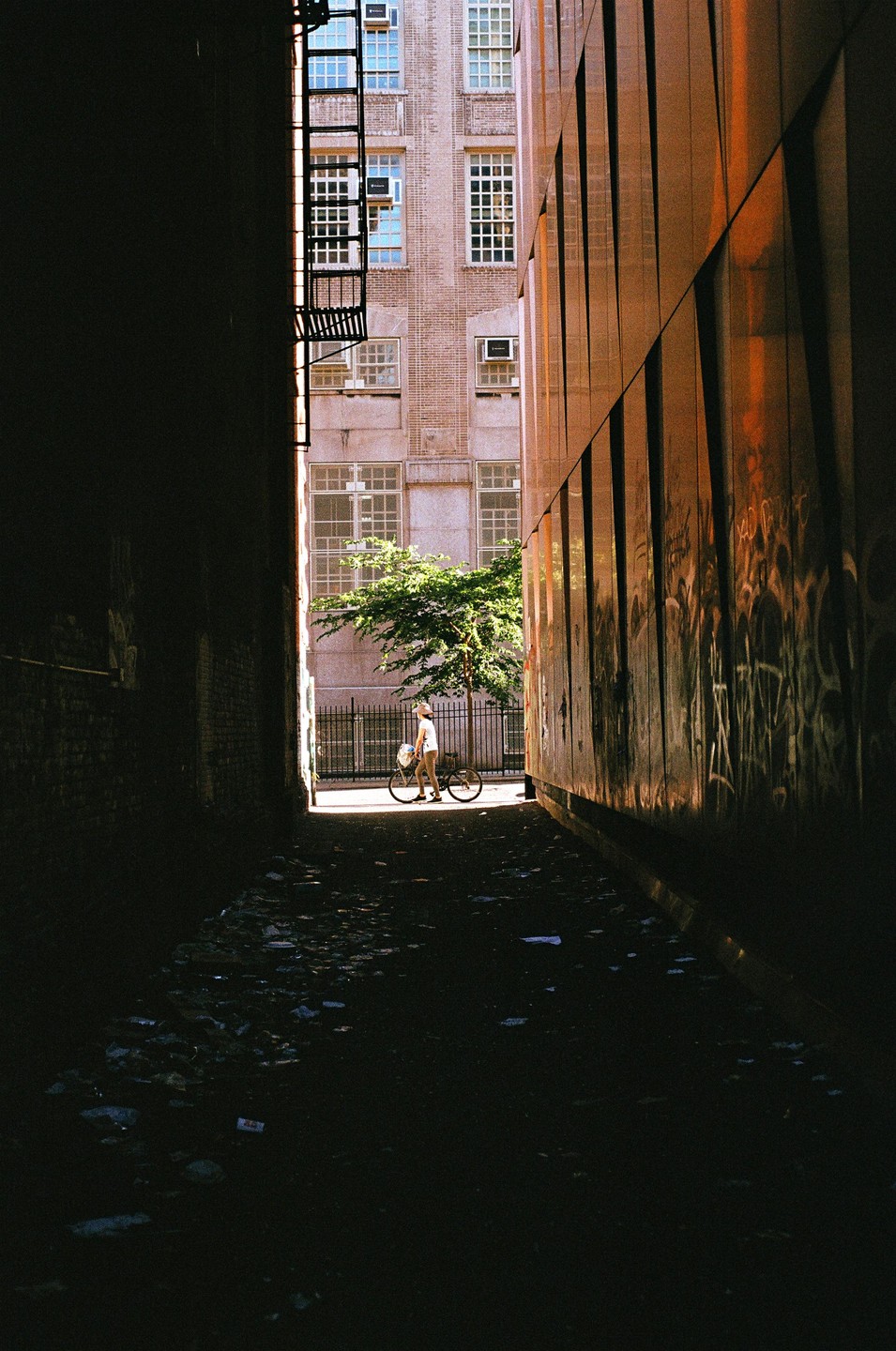 A person stands with a bicycle at the end of a dark alleyway, with buildings and a tree visible in the bright background.