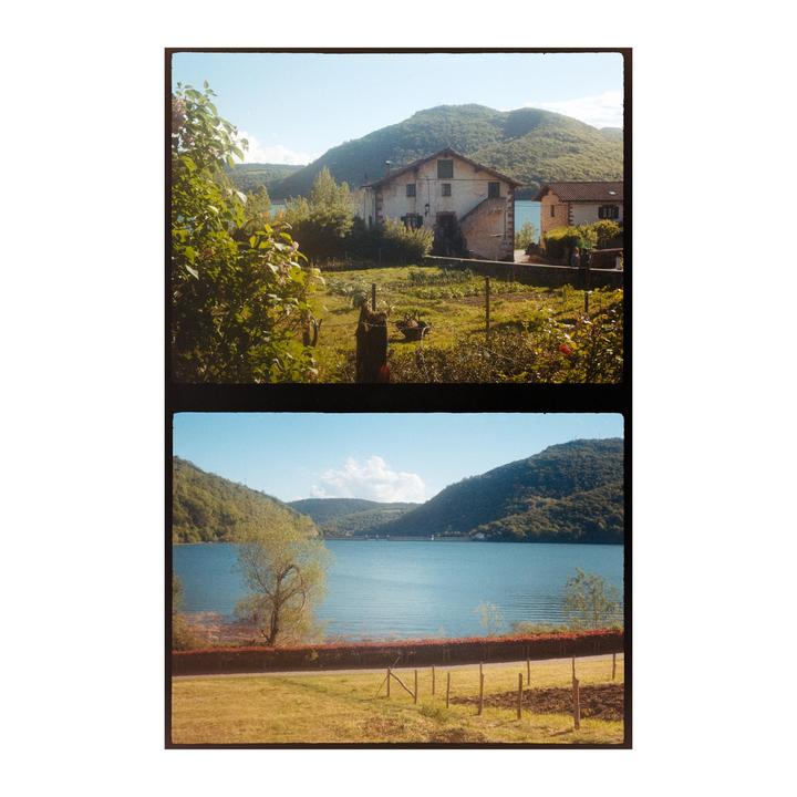 Two images show a lake surrounded by mountains and a house with a garden.