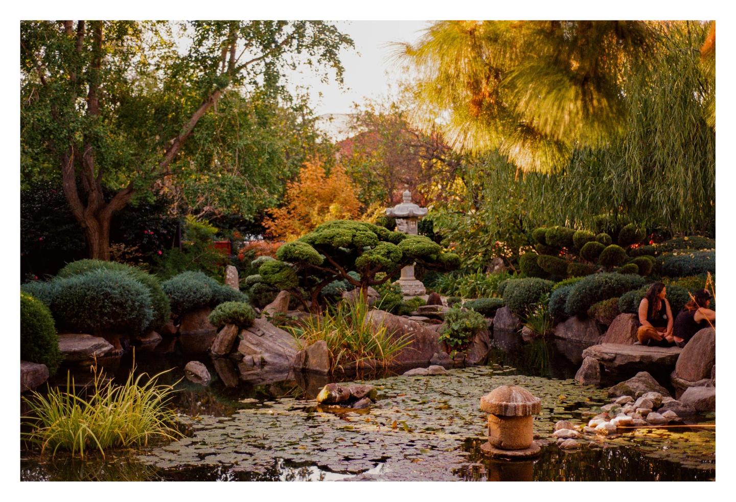 Two women sit by a pond with lily pads in a lush garden with a stone lantern.
