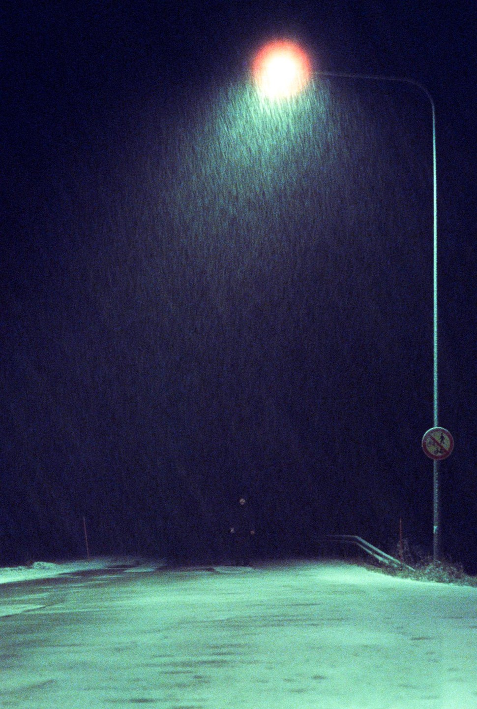 A street light illuminates falling snow on a dark night, with a street sign visible on the right.