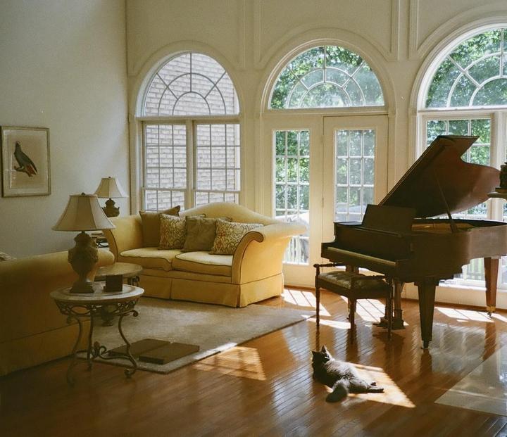 A cat lies on a sunlit wooden floor in a living room with a piano and yellow sofa.