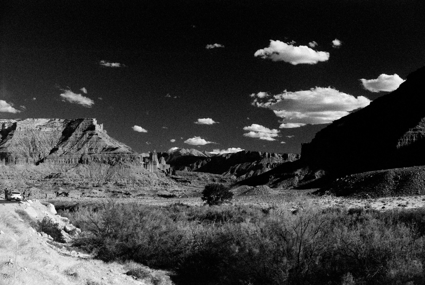 A vast desert landscape features towering mesas under a sky dotted with clouds, with a single tree in the middle ground and a car on a road to the left.