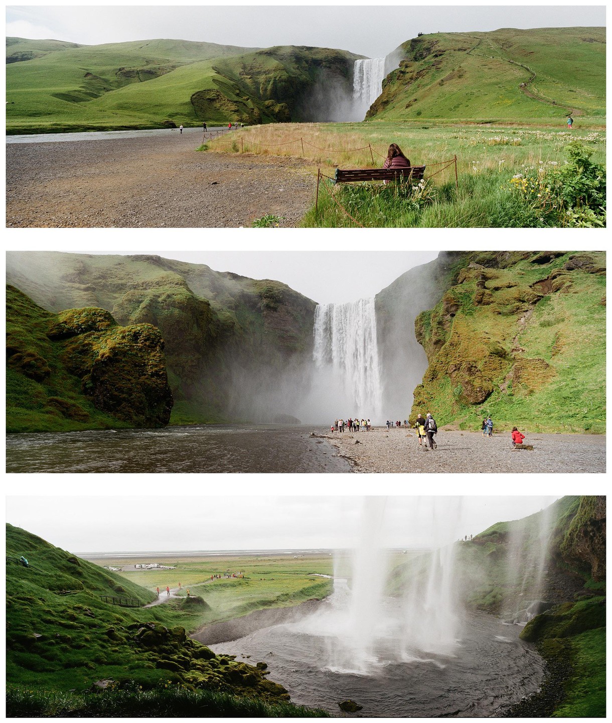 A panoramic view shows a waterfall cascading into a river, surrounded by green hills and a flat plain with distant buildings.
