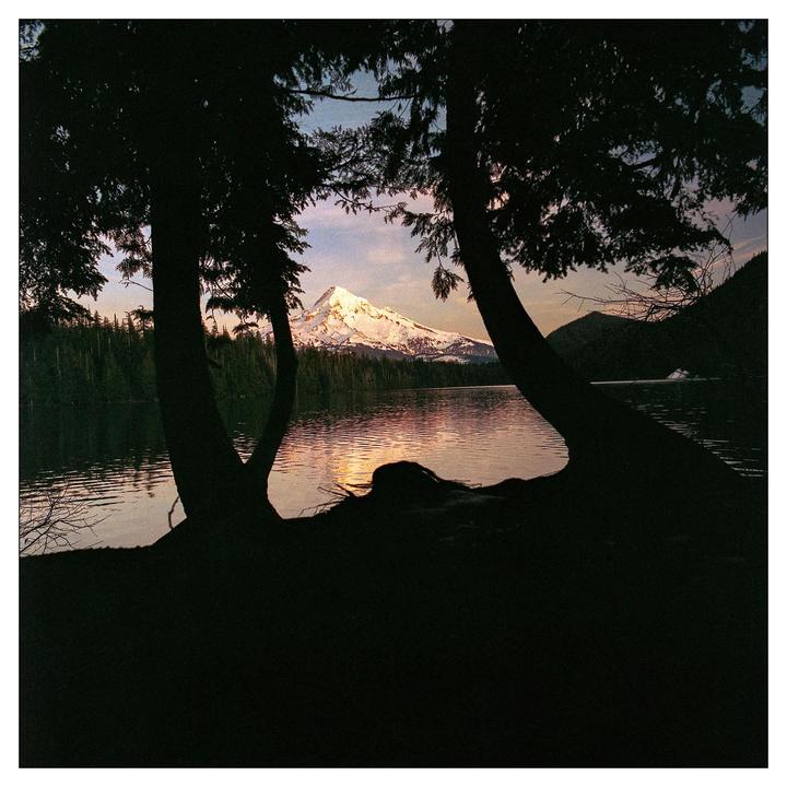A snow-capped mountain is reflected in a lake, framed by silhouetted trees at sunset.