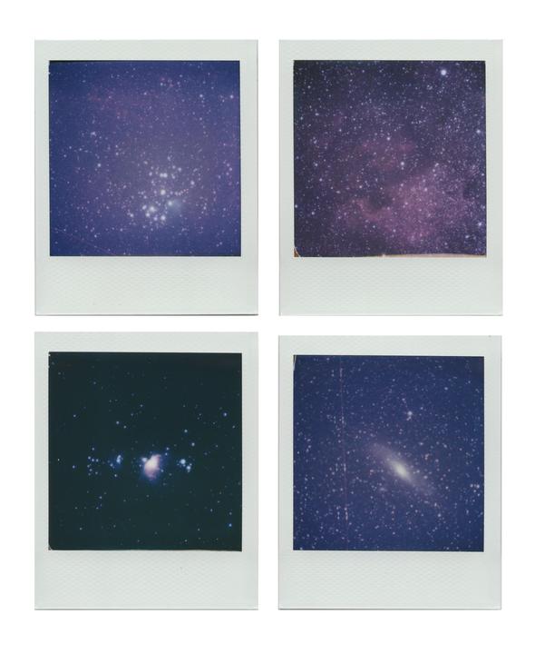 Four instant film prints show different deep space objects, including the Pleiades, North American Nebula, Orion Nebula, and Andromeda Galaxy.