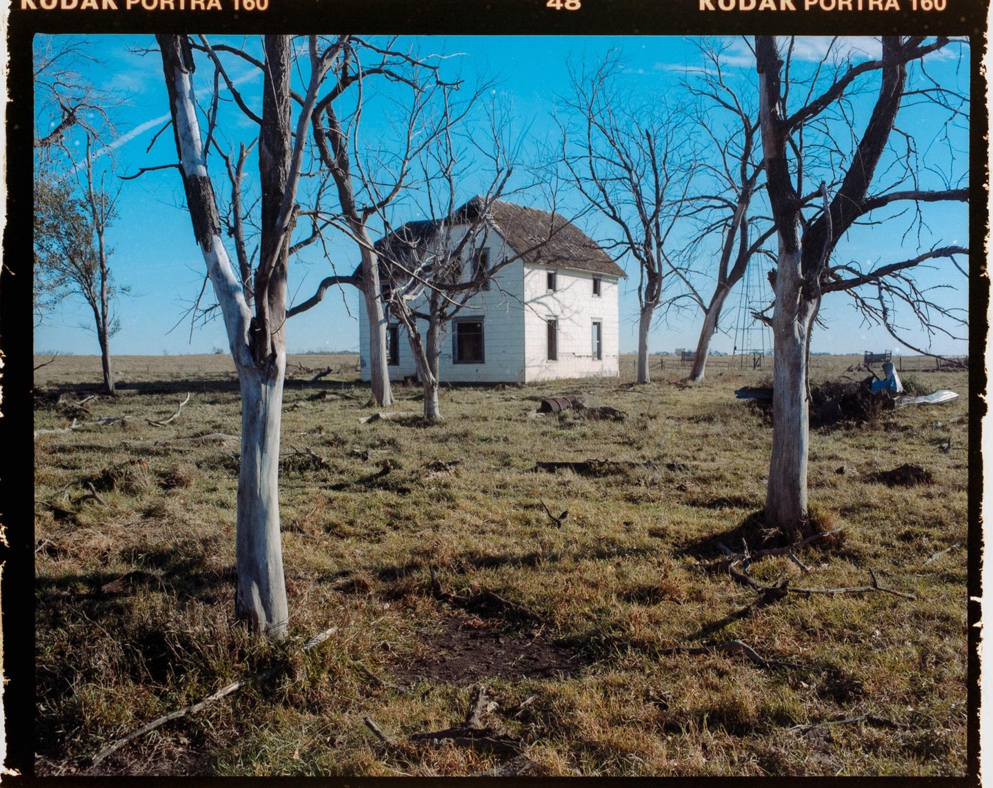 A white house stands in a grassy field surrounded by bare trees under a clear blue sky.