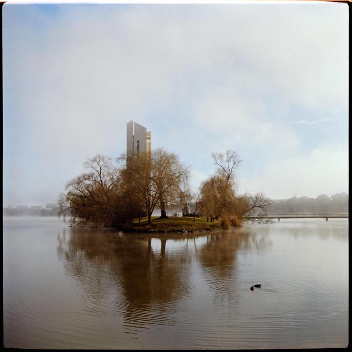 A foggy morning shows a small island with trees and a tall building reflected in the still water, with two ducks swimming in the foreground.