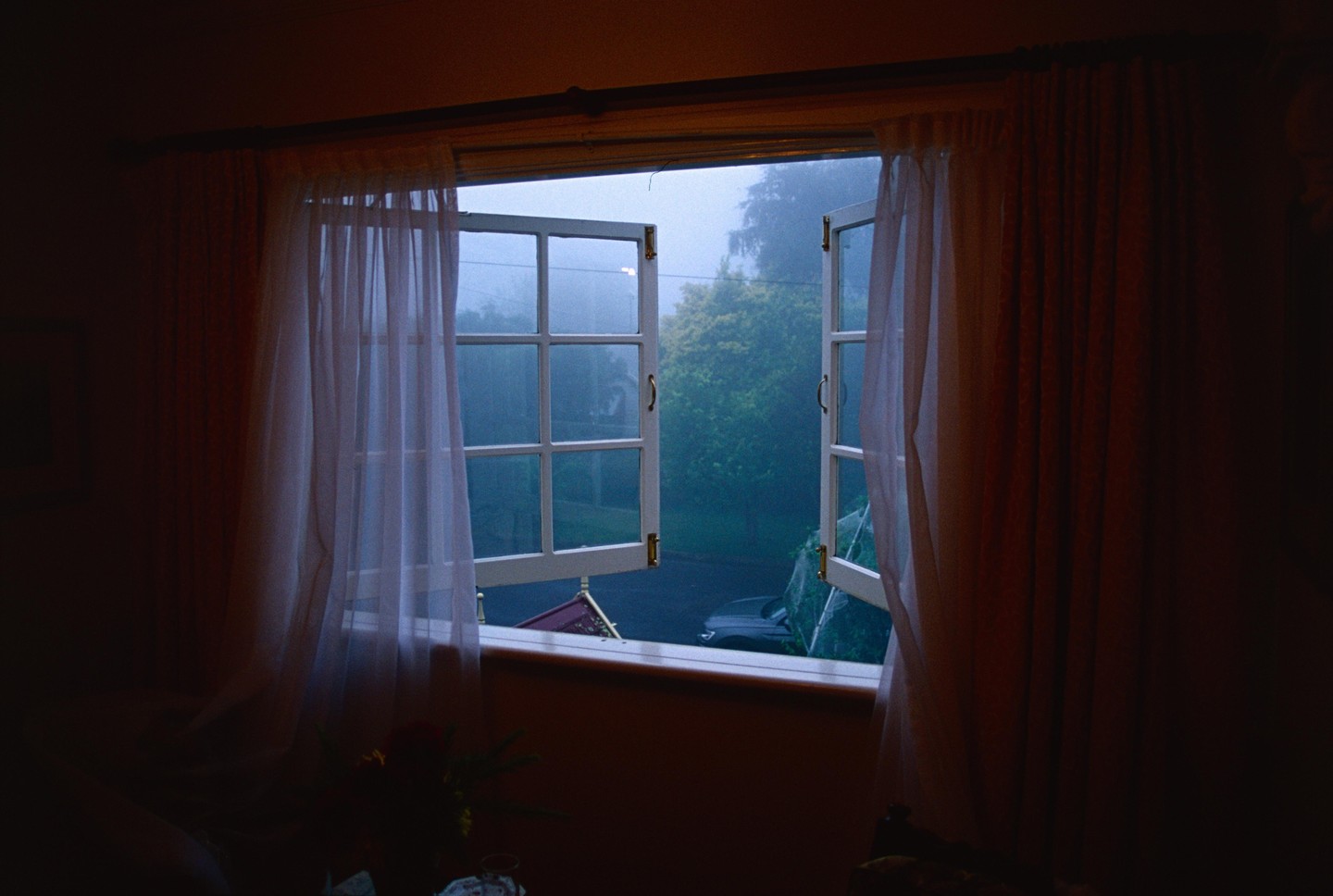 A window with white curtains is open to a hazy, green landscape with a car parked on the street.