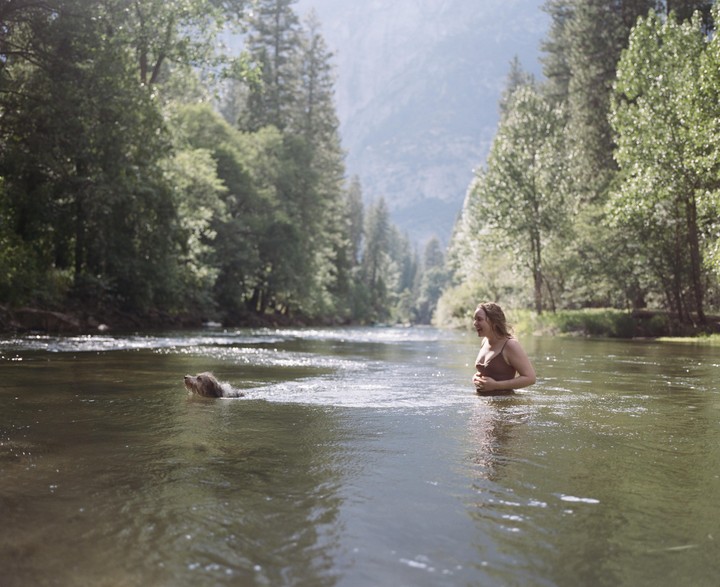 A woman and a dog are swimming in a river surrounded by trees and mountains.