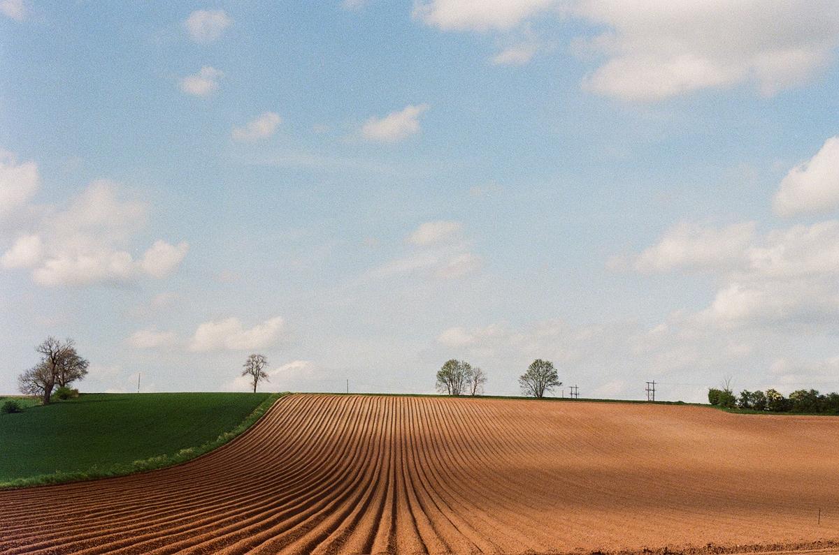 A vast landscape shows a brown plowed field in the foreground and a green hill with trees in the background under a blue sky with clouds.