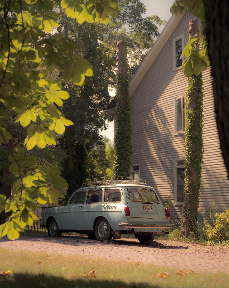 A light blue station wagon is parked on a brick driveway next to a house with ivy-covered pillars.