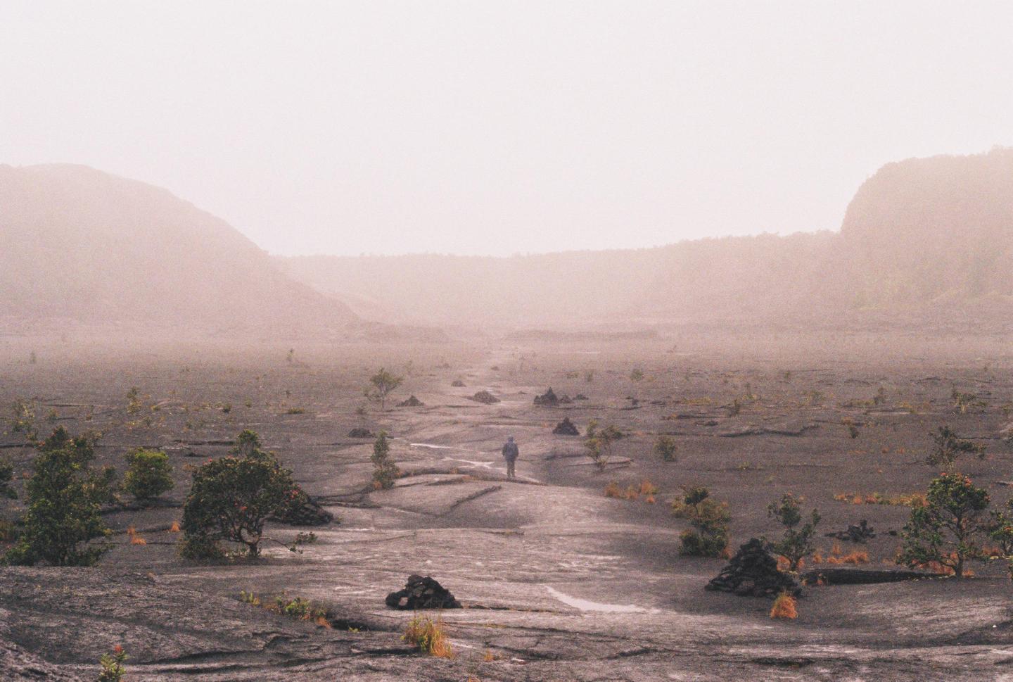 A person stands on a vast, rocky plain with sparse vegetation, surrounded by hazy mountains.