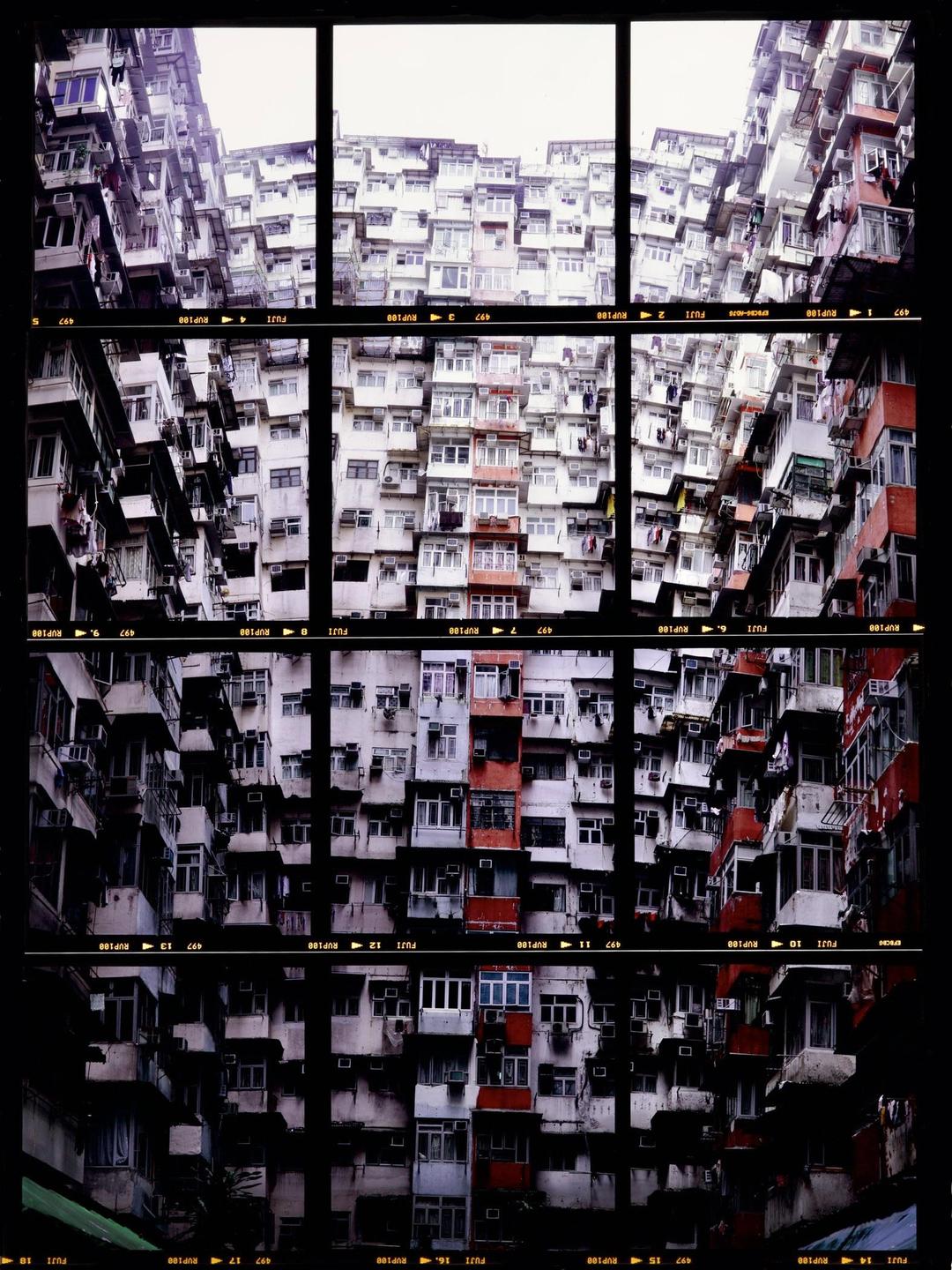 A grid of nine images shows the exterior of a densely packed residential building with many windows and air conditioning units.