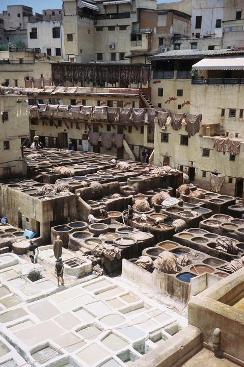 A high-angle view shows a tannery with many stone vats filled with colorful liquids, surrounded by buildings with hides drying on their roofs.
