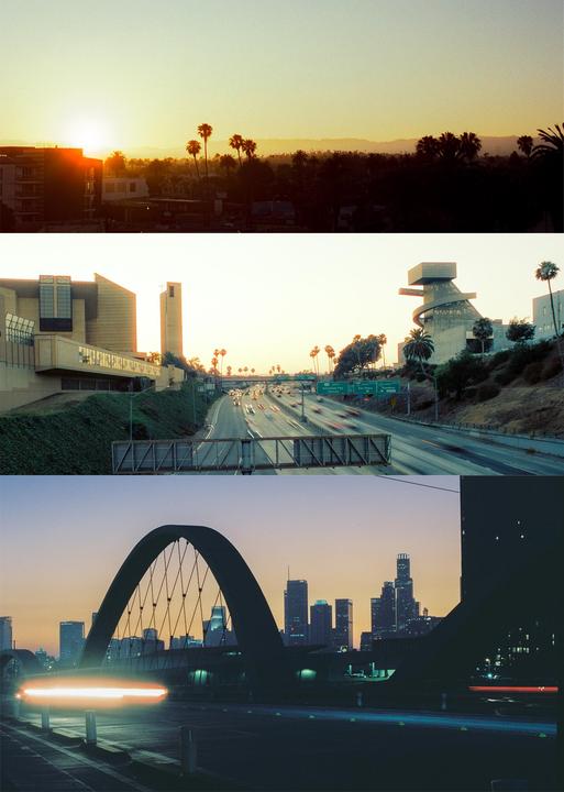 Three images show different views of Los Angeles, including a sunset over palm trees, a highway with blurred car lights, and a city skyline with a bridge.