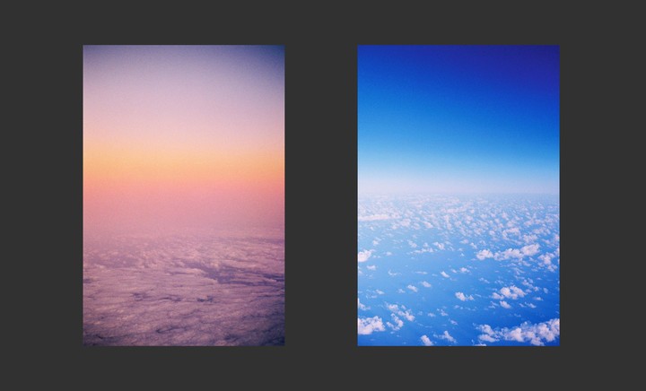 Two aerial views of clouds and sky are presented side by side, one at sunset and the other under a clear blue sky.