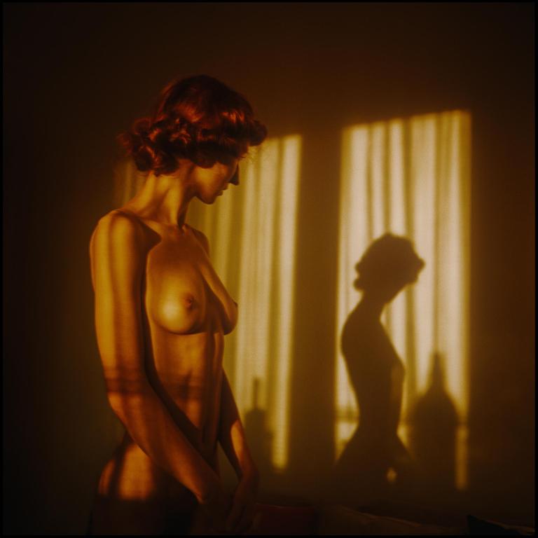 A nude woman with red hair stands in a room with light and shadow stripes on her body and a shadow of her profile on the wall.