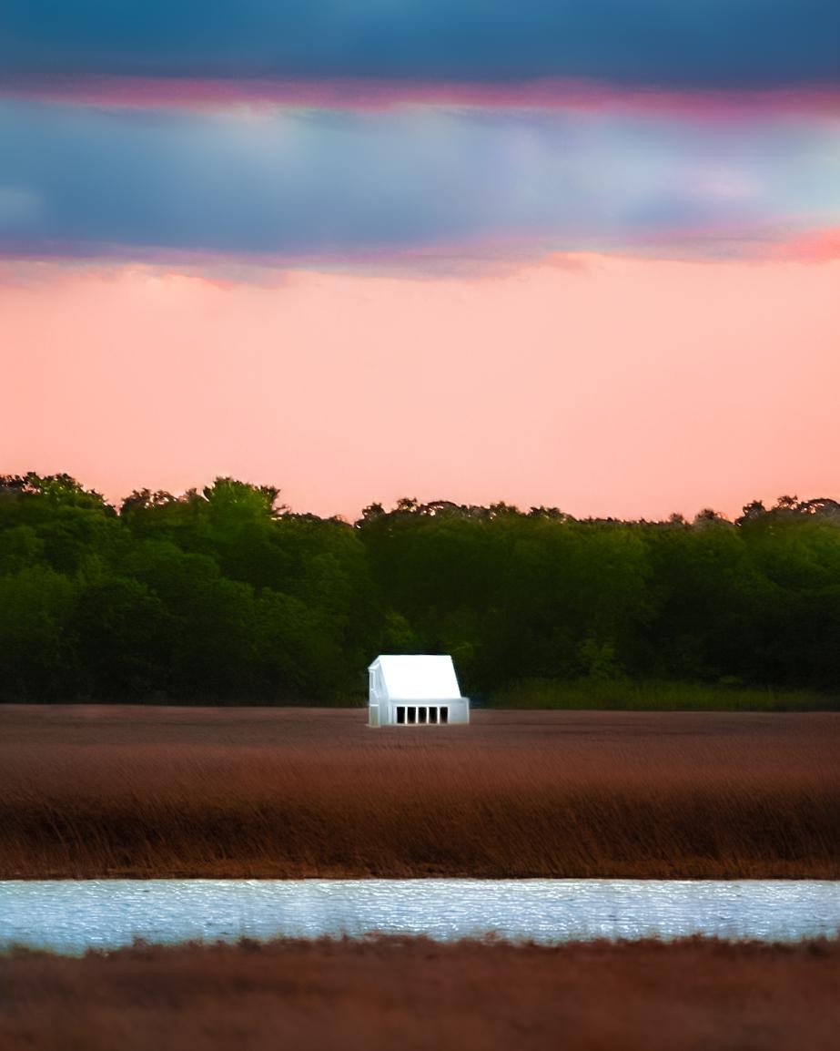 A small white house stands in a field of tall grass with a body of water in the foreground and a forest under a colorful sky in the background.