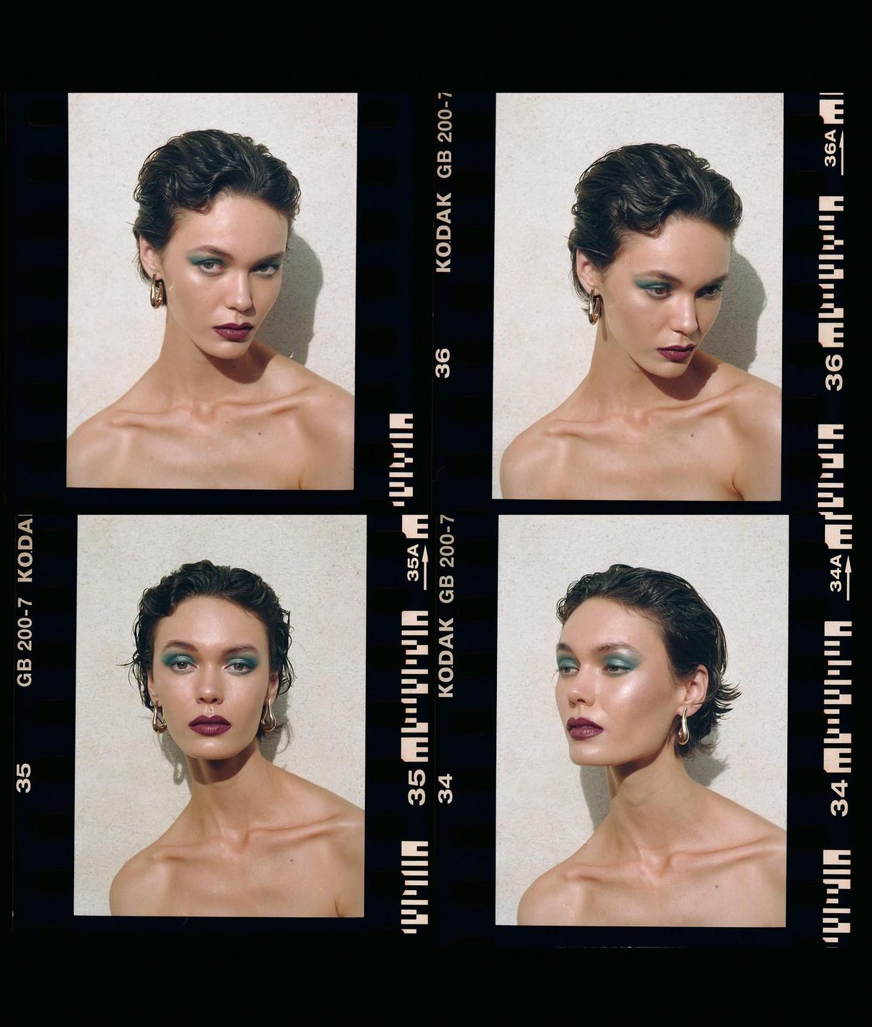 A woman with short, dark hair and dramatic makeup is shown in a four-panel contact sheet.