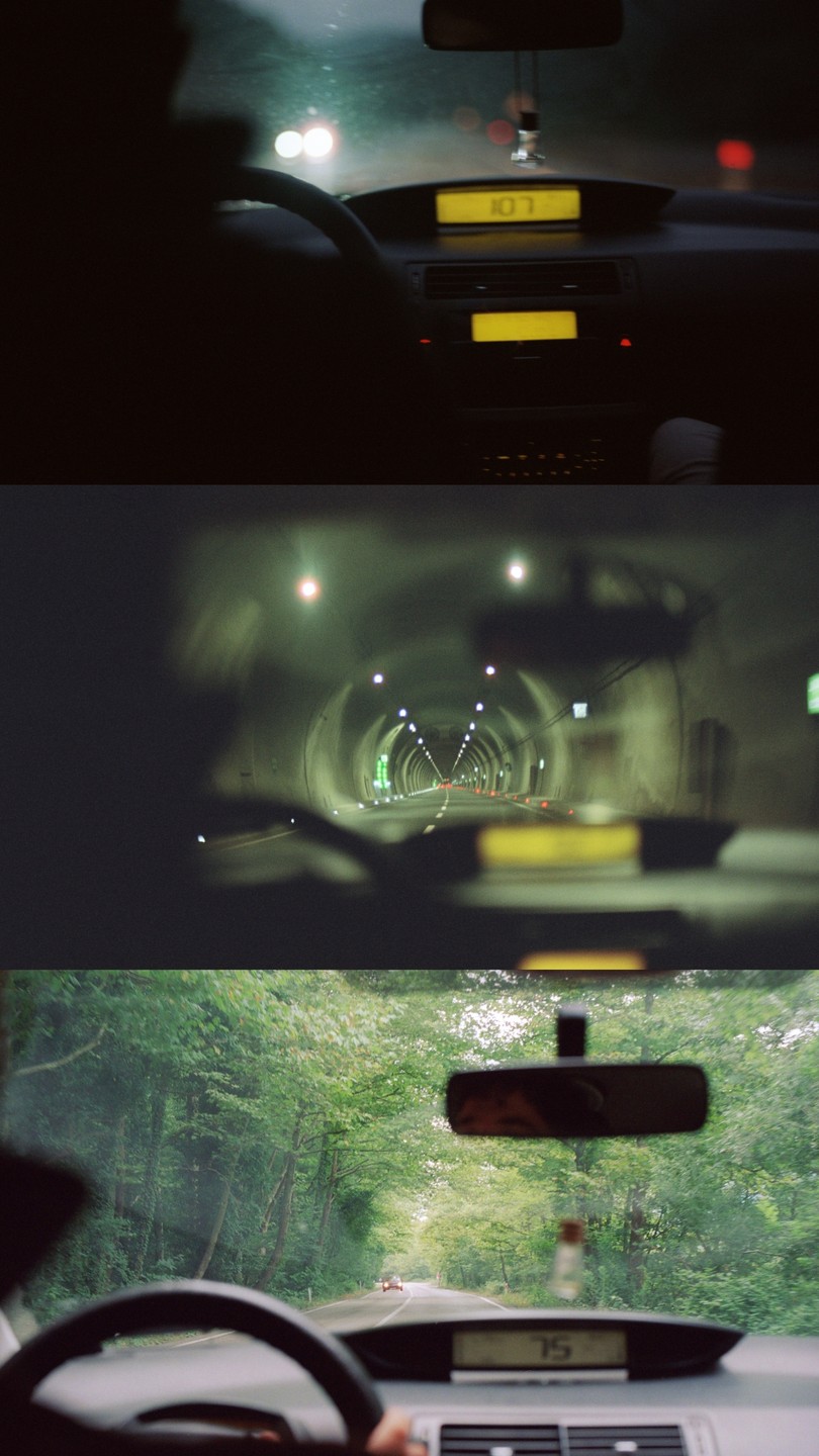 A three-panel image shows the view from inside a car at night, inside a tunnel, and on a tree-lined road.