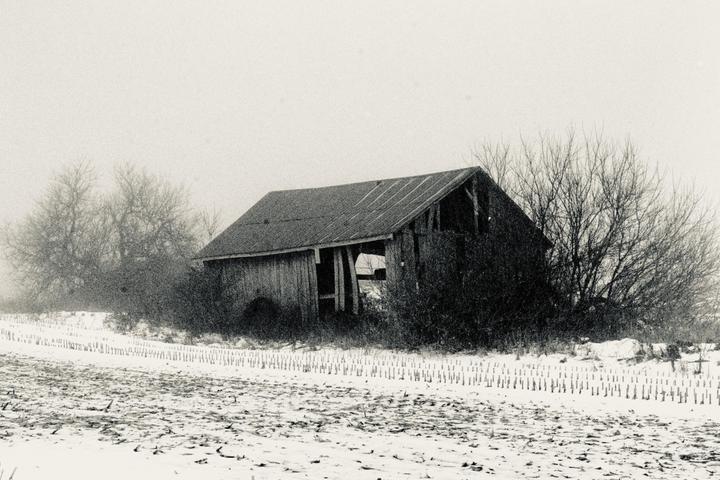 An old wooden barn stands in a snowy field surrounded by bare trees on a hazy day.