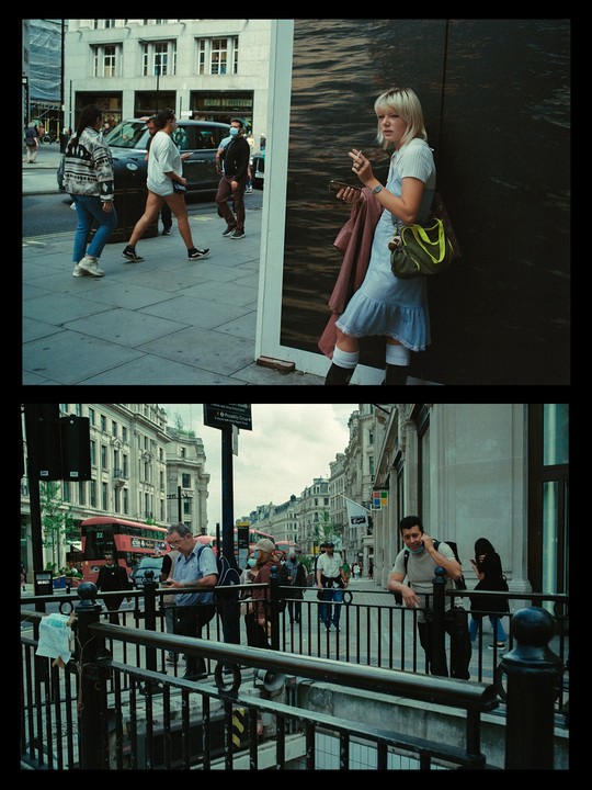 Two street scenes are shown, one with a woman smoking and another with people near a subway entrance and a red double-decker bus.