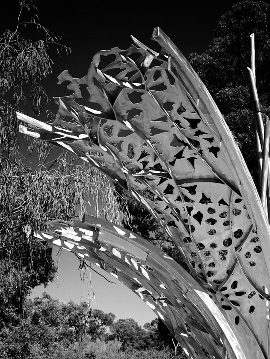 A black and white photograph captures a metal sculpture with organic cutouts, surrounded by trees and foliage under a bright sky.