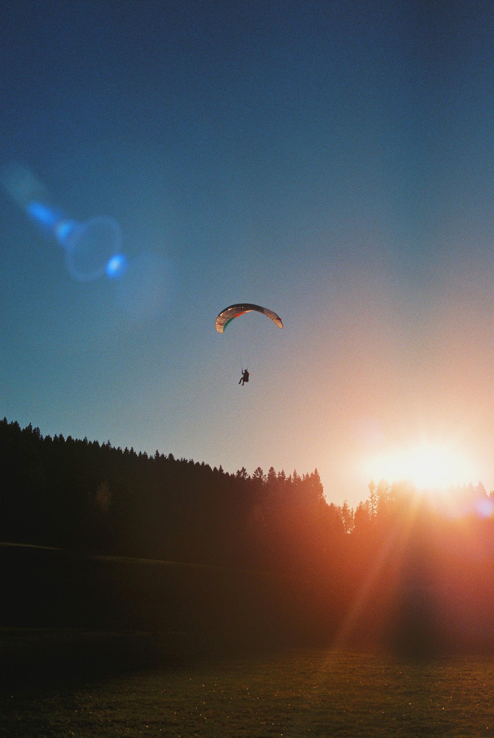 A paraglider is visible in the sky above a forest and a field during sunset.