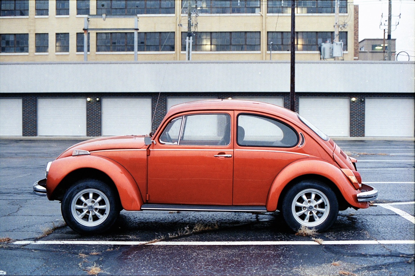 An orange volkswagen beetle is parked in a wet parking lot in front of a building with garage doors.